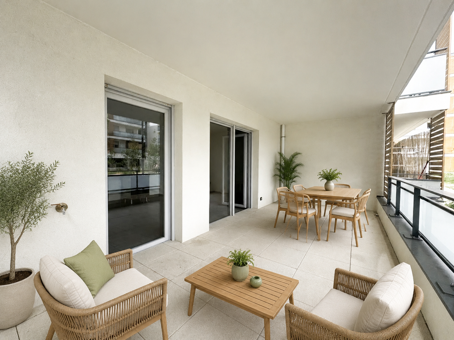 Grande terrasse d’un T3 de la résidence Le Clémentel